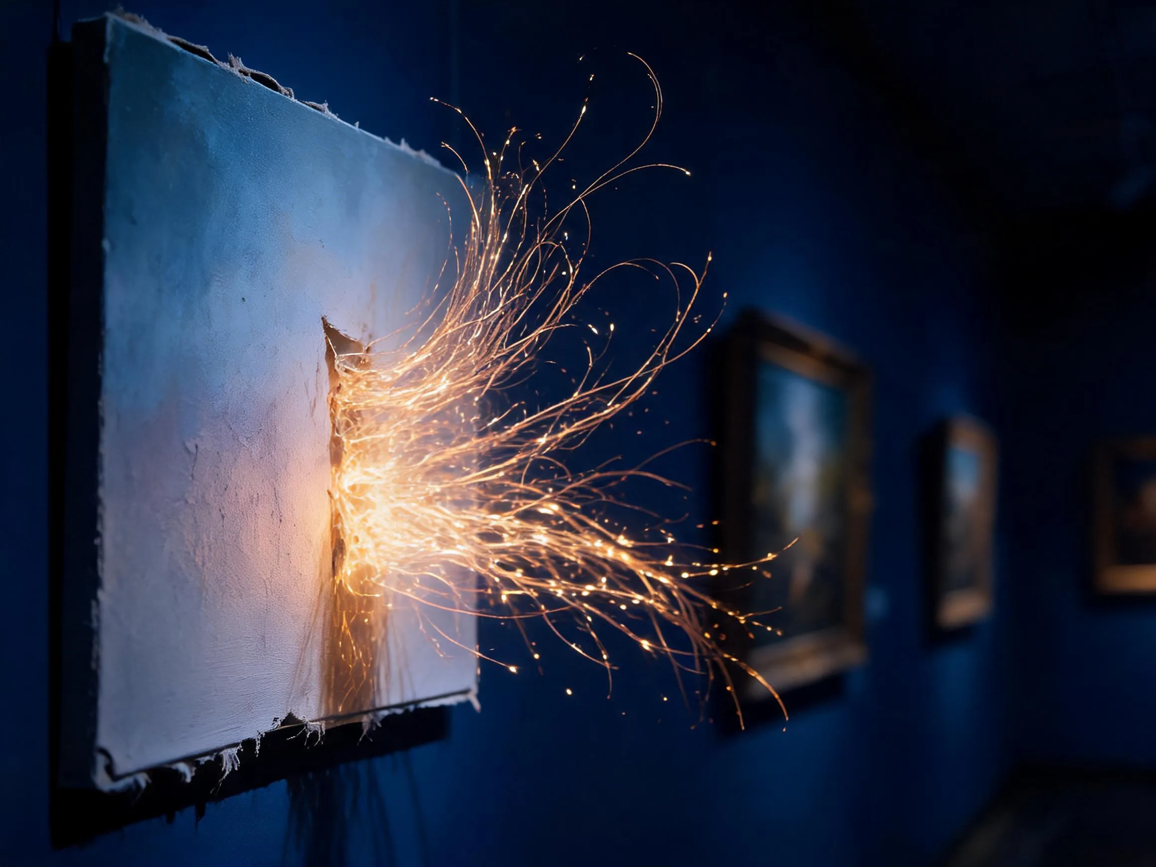 A gallery painting whose corner unravels into drifting golden thread