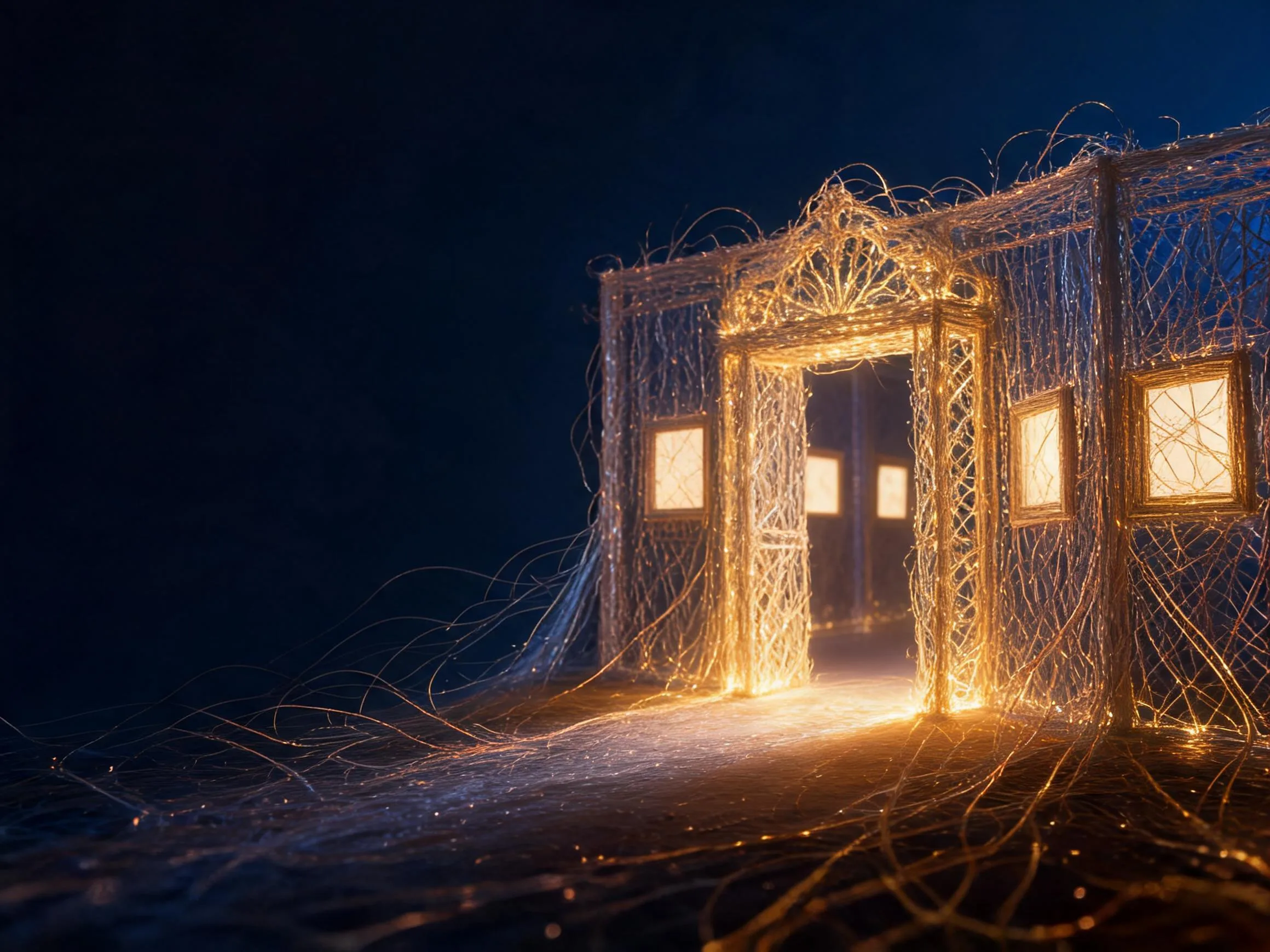 A miniature gallery hall woven from threads of golden light