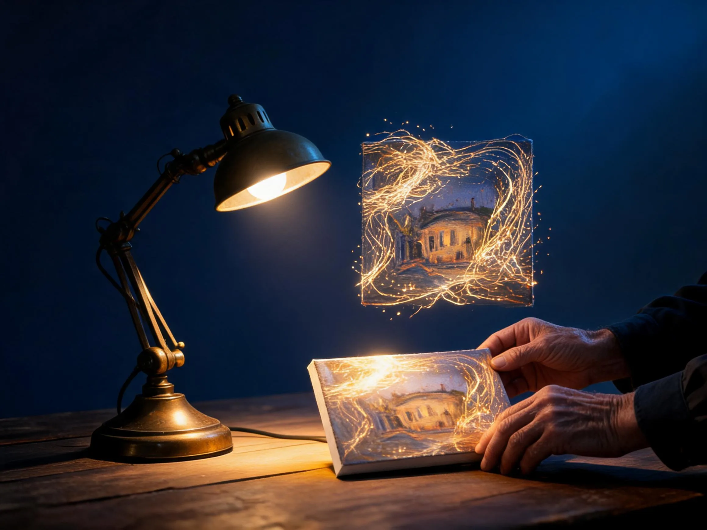 Artist hands placing a painting as its golden digital twin rises above