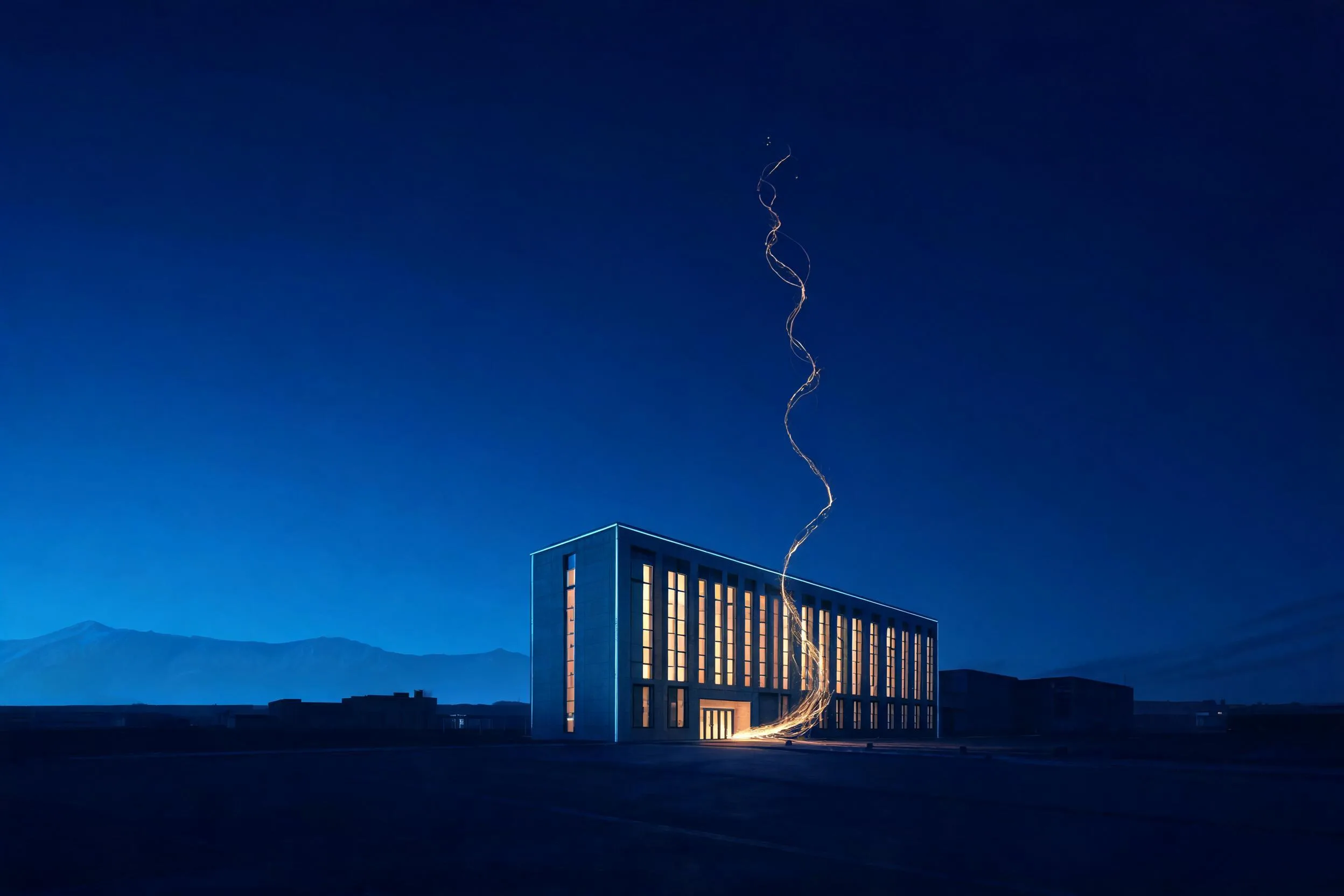 A venue glowing warm gold at night, a thin thread of light rising from its doors into the sky