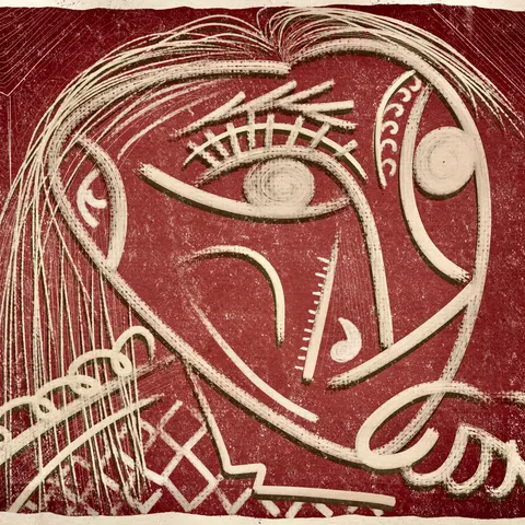 Crimson single-line cubist figure on textured ground