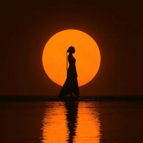 Silhouetted figure standing in water before a huge amber sun