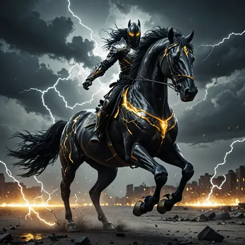 Armored knight on a black horse under storm light