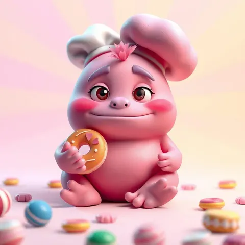 Rosy sculpted creature clutching a doughnut
