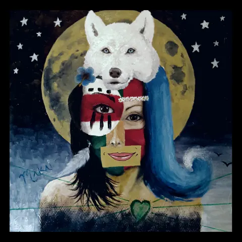 Hand-painted surreal collage of a white wolf under a full moon by Jeffro