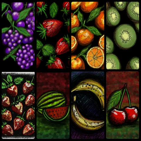 Grid of juicy hand-drawn fruit illustrations by KassiSm