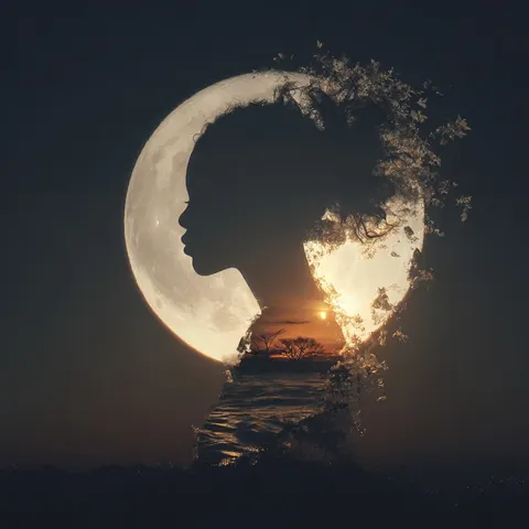 Crescent moon dissolving into a woman’s profile