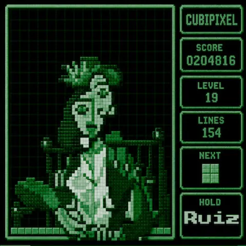 Pixel-art figure rendered as a falling-blocks game by Francisco Ruiz