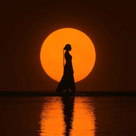 “Ember Tide” — a silhouetted figure standing in water before a huge amber sun