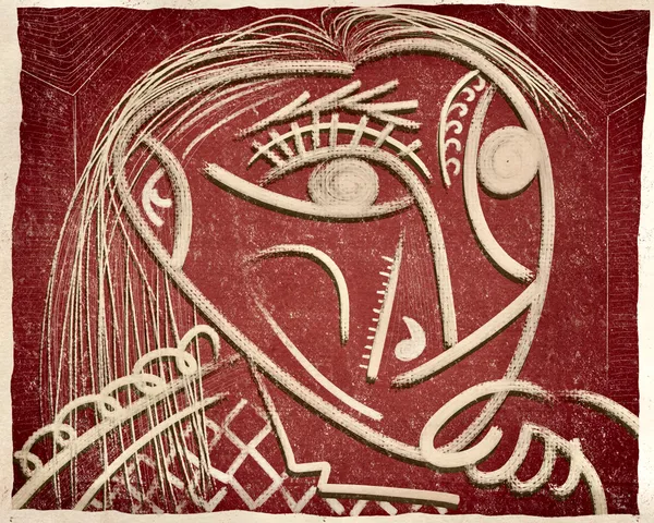 “Torero” from the Cubist Fragments collection — crimson single-line figure on textured ground