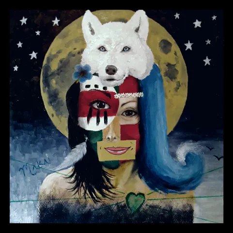“Moon Wolf” by Jeffro — hand-painted surreal collage of a white wolf and full moon