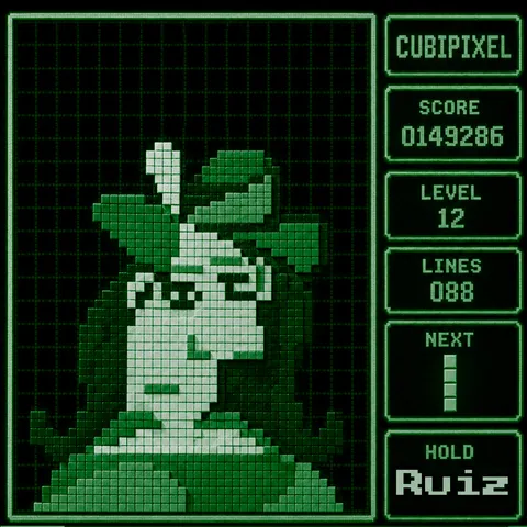 “Busto de mujer con sombrero” — Cubipixel pixel-art portrait in arcade green