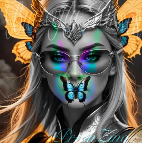 “Butterfly Kisses” — monochrome portrait crowned with orange butterflies