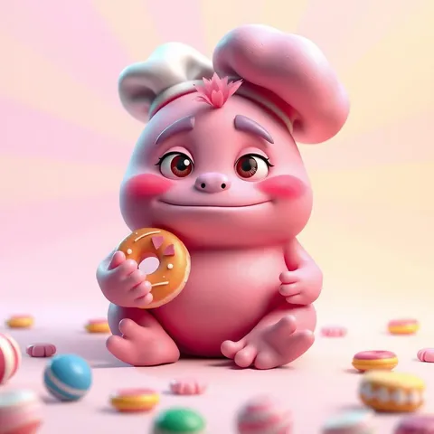 “Gourmet Monsters” — a rosy sculpted creature clutching a doughnut